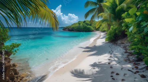 A beautiful beach with palm trees and a clear blue ocean © Linus