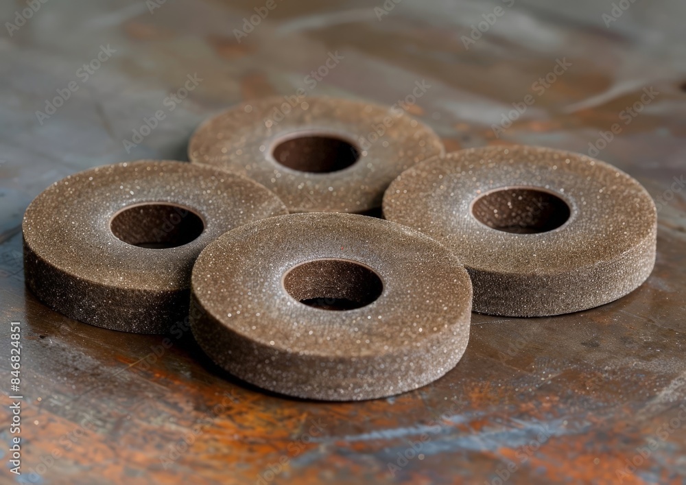 A collection of six dark brown donuts with holes on top arranged in a pile. A collection of six dark brown donuts with holes on top arranged in a pile.