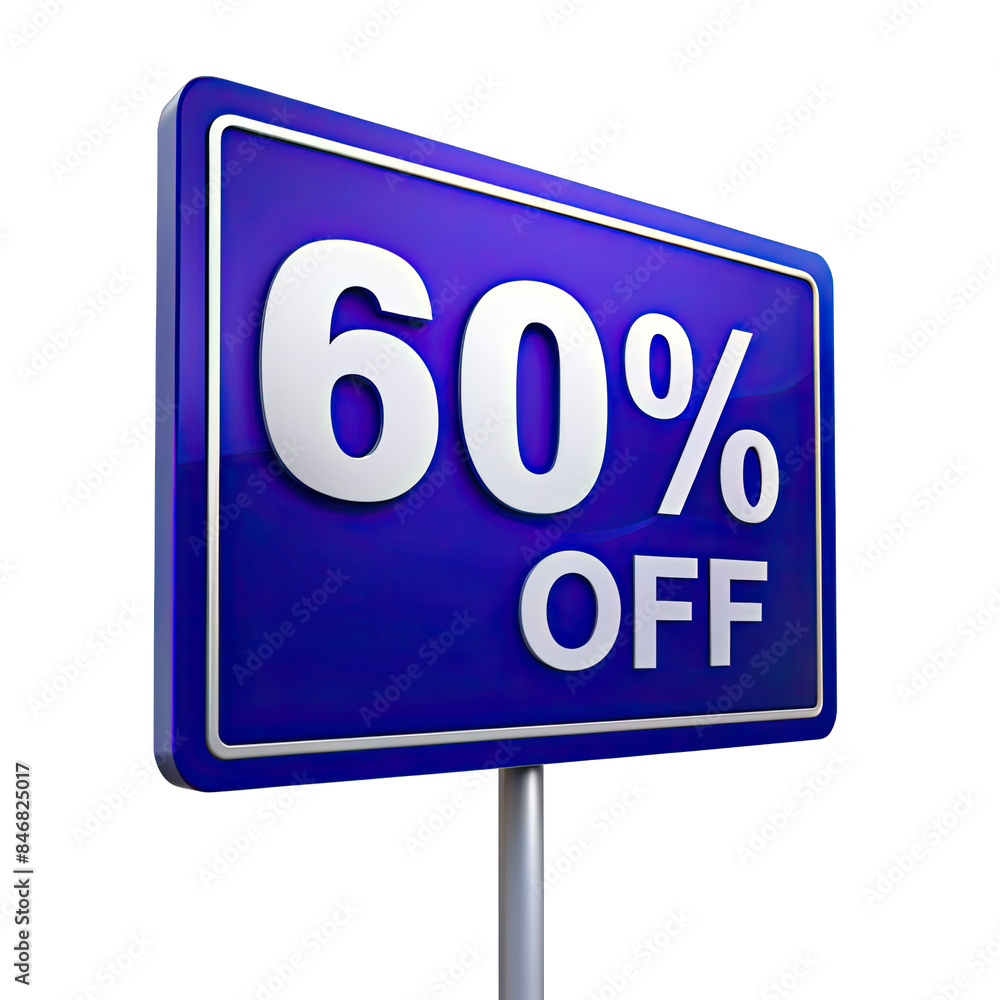 A blue sign with a white border displays a 60 percent off discount in bold white text on a white background. Generative AI A blue sign with a white border displays a 60 percent off discount in bold white text on a white background. Generative AI