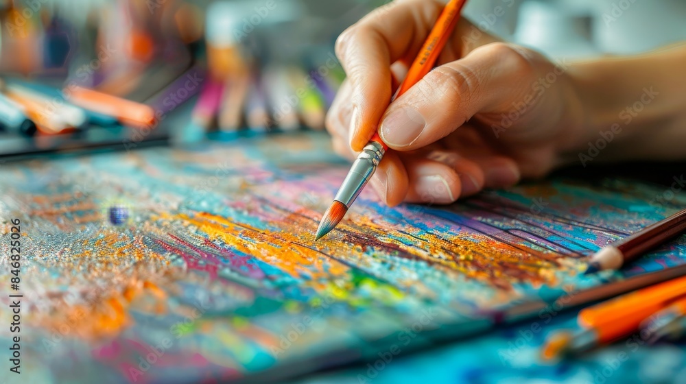 Close-up of an artist hand with a paintbrush creating a colorful abstract painting with pencils on a textured surface. Close-up of an artist hand with a paintbrush creating a colorful abstract painting with pencils on a textured surface.