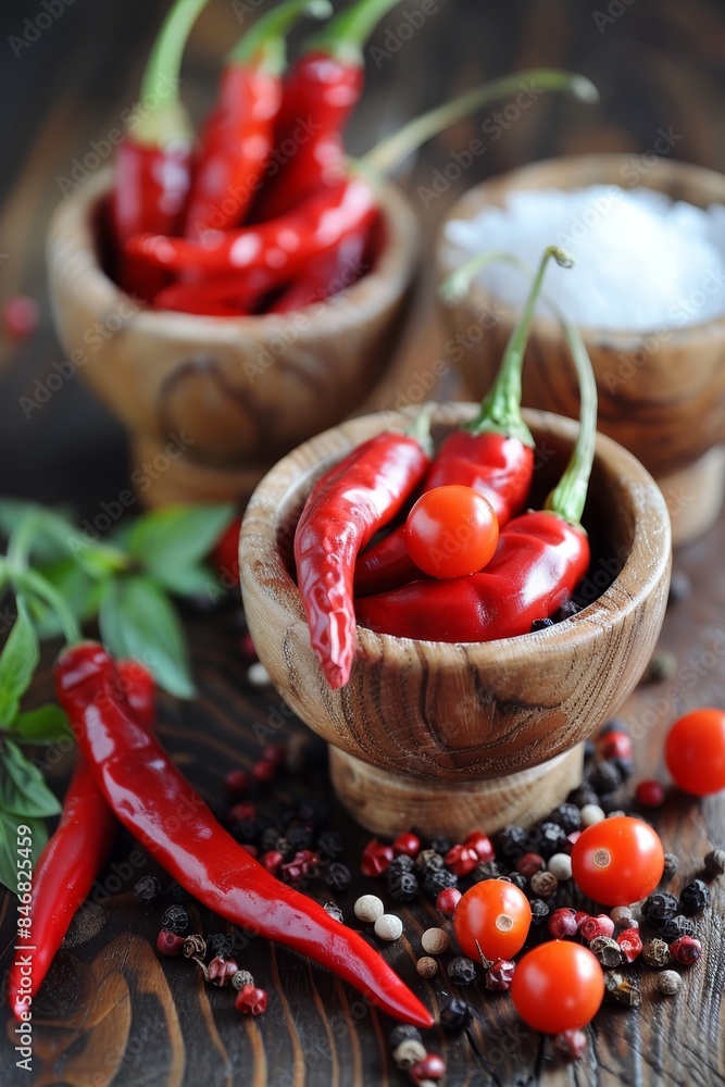 Salt and pepper seasoning on wooden table with blurred background, copy space available Salt and pepper seasoning on wooden table with blurred background, copy space available