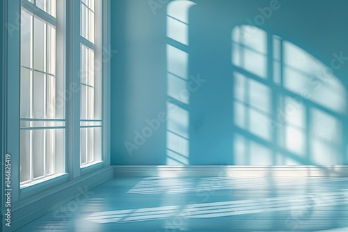 A bright blue room with a white floor and three windows.