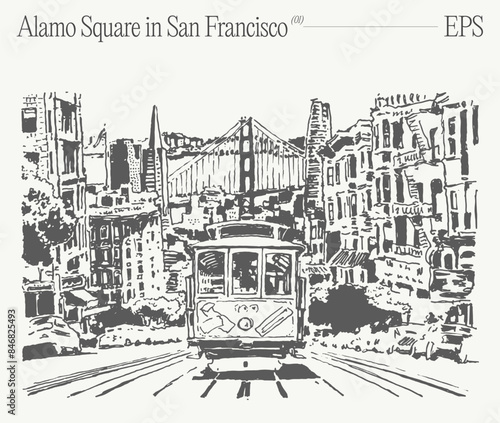 Painted Lady, Alamo Square in San Francisco. Hand drawn vector illustration, sketch.