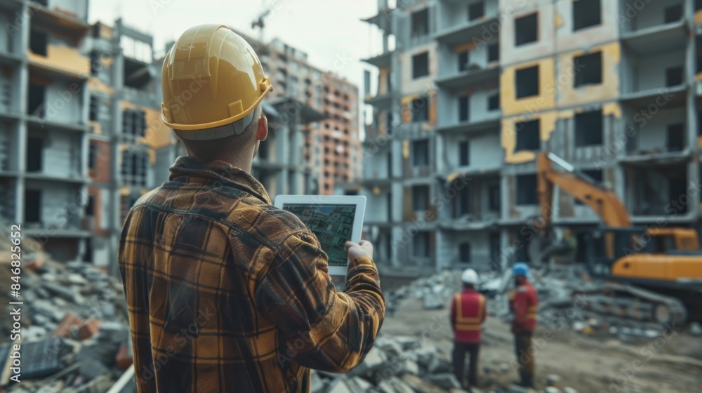 Portrait of an architect supervising construction with apartments and flats in the background Portrait of an architect supervising construction with apartments and flats in the background