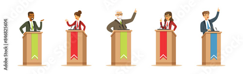 Man and Woman Speakers Speaking Behind Podium with Microphone Vector Set