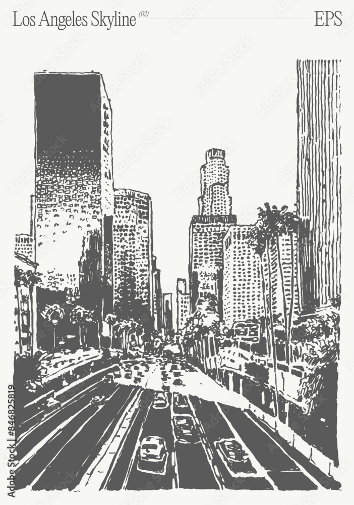 Naklejka premium Los Angeles skyline, California. Highway in the foreground. Hand drawn vector illustration, sketch.