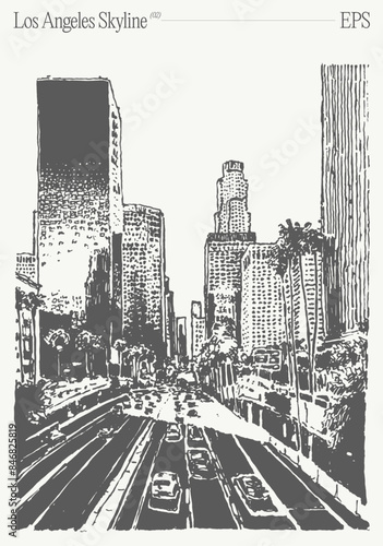 Los Angeles skyline, California. Highway in the foreground. Hand drawn vector illustration, sketch.
