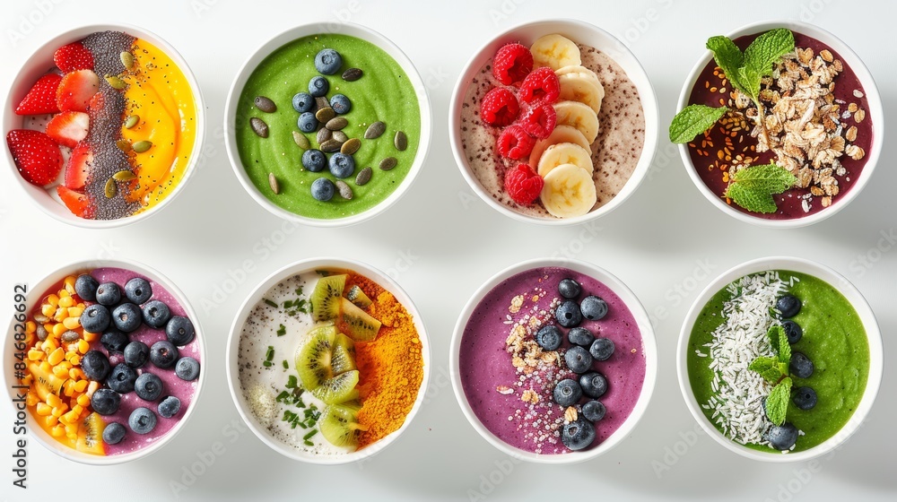 Array of smoothie bowls decorated with vibrant toppings, placed against a white background, perfect for diet-conscious breakfasts Array of smoothie bowls decorated with vibrant toppings, placed against a white background, perfect for diet-conscious breakfasts