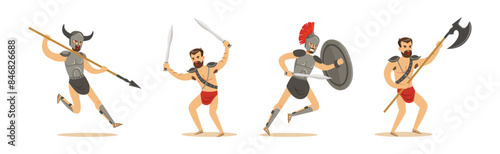 Man Spartan Powerful Warrior Character with Sword and Spear Vector Set