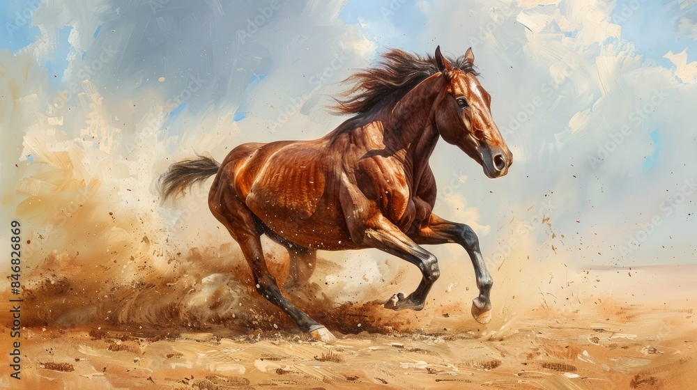 Brown horse galloping energetically across a dusty plain, dust rising around its hooves, portrait emphasizes its wild spirit