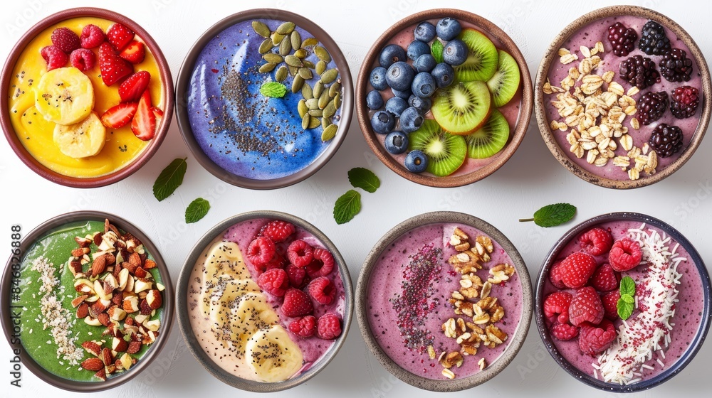 Assorted smoothie bowls with vivid toppings like berries, nuts, and seeds, set against a white background, perfect for a healthy breakfast Assorted smoothie bowls with vivid toppings like berries, nuts, and seeds, set against a white background, perfect for a healthy breakfast