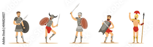 Man Spartan Powerful Warrior Character with Sword and Spear Vector Set