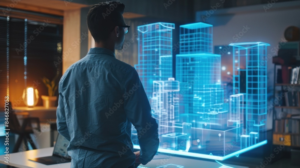 an architect look designs building designs in an office with 3D visual technology an architect look designs building designs in an office with 3D visual technology
