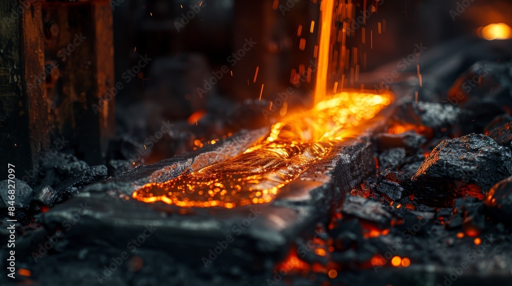 Close-up of hot molten metal being poured into a mold in a foundry, highlighting the intense heat and glowing liquid metal Close-up of hot molten metal being poured into a mold in a foundry, highlighting the intense heat and glowing liquid metal