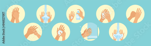 Clean Hands Hygiene and Wash Procedure Step Vector Set