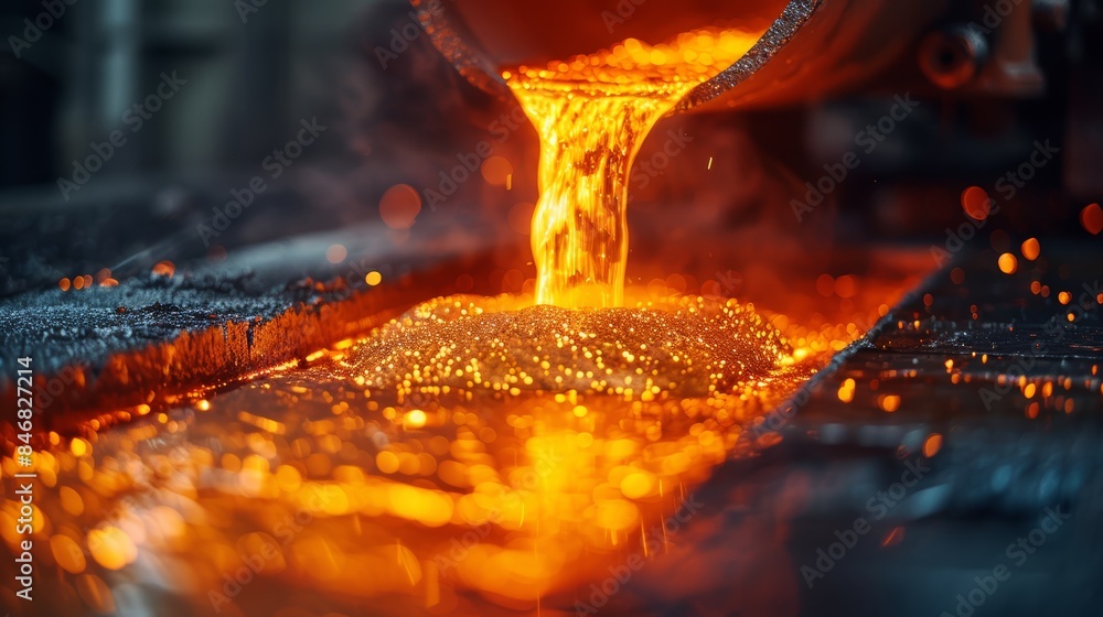 Close-up photograph of molten metal being poured into a mold at a steel mill, capturing the intense heat and glowing liquid metal Close-up photograph of molten metal being poured into a mold at a steel mill, capturing the intense heat and glowing liquid metal