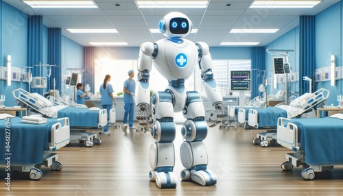 A robot designed for medical assistance in a hospital setting. It has a white and blue color scheme with a gentle, non-threatening design. 