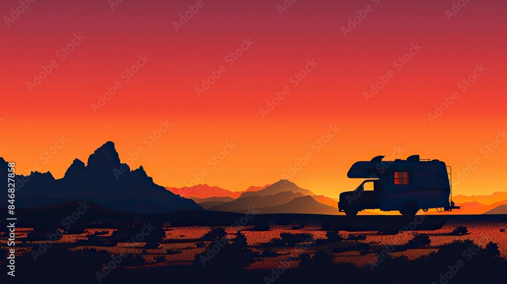 A silhouette of a camper against a vibrant sunset, with a mountain range silhouetted behind, isolated on a clean background