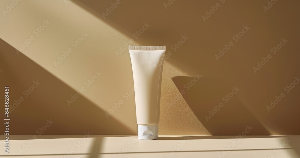 A white tube of lotion sits on a wooden shelf in sunlight. A white tube of lotion sits on a wooden shelf in sunlight.