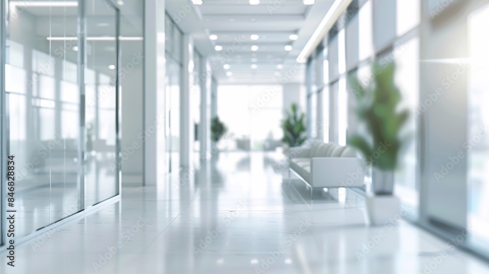 Blurred white office interior, open space layout with natural lighting Blurred white office interior, open space layout with natural lighting