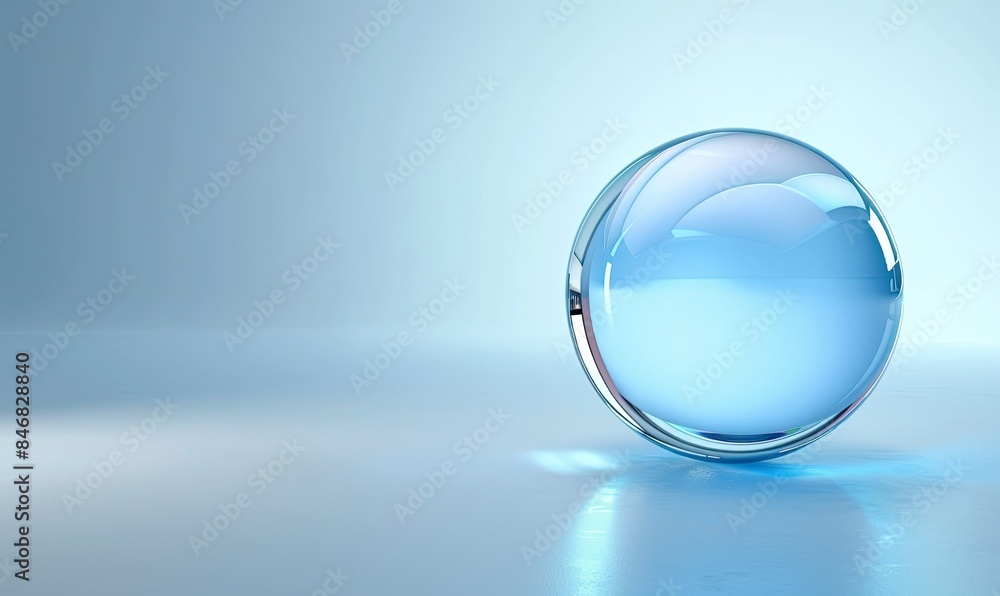 A clear glass sphere on a reflective blue surface with a soft gradient background, symbolizing purity, simplicity, and elegance. A clear glass sphere on a reflective blue surface with a soft gradient background, symbolizing purity, simplicity, and elegance.
