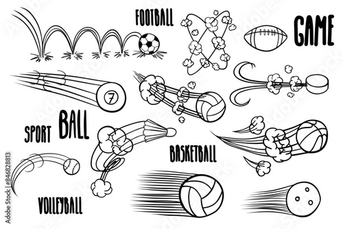 Doodle sports ball rebound set. Football, basketball, volleyball, hockey, billiard, soccer, American football, rugby, tennis, baseball, badminton.Vector Illustration.