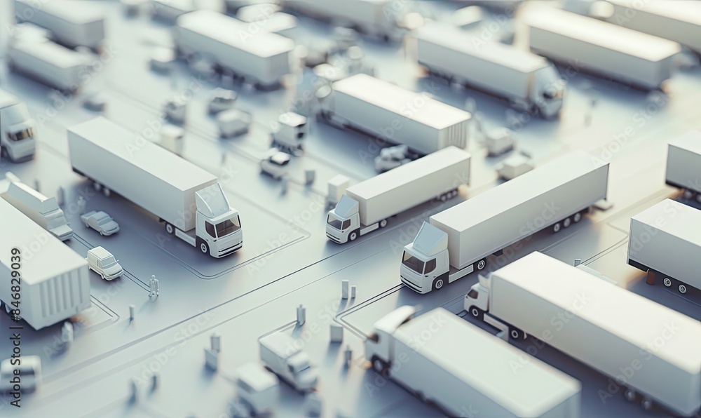 Aerial view of multiple trucks and vehicles navigating through busy city traffic, representing transportation and logistics concepts. Aerial view of multiple trucks and vehicles navigating through busy city traffic, representing transportation and logistics concepts.
