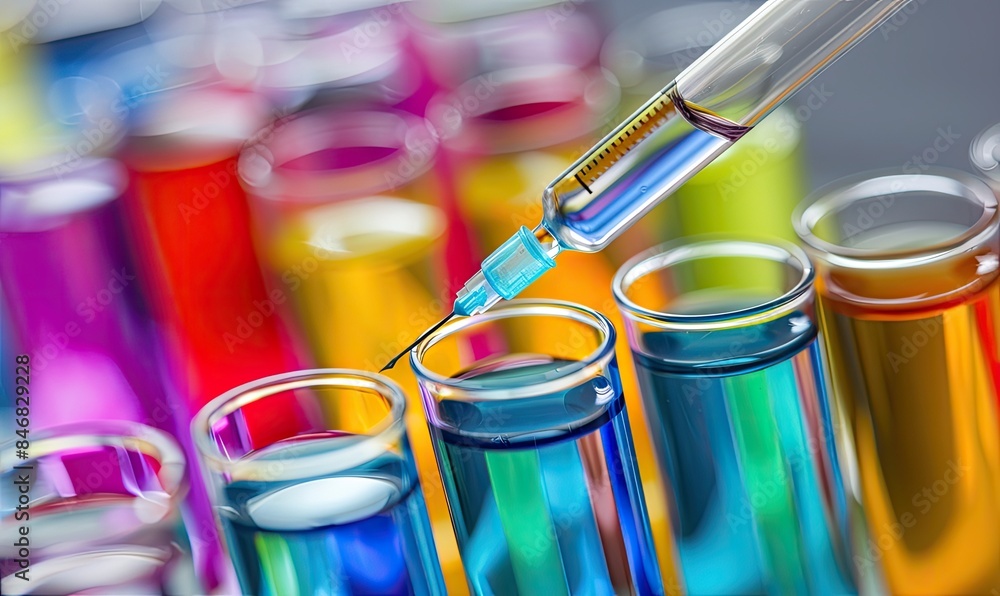 Close-up of colorful test tubes in a laboratory with a pipette for a scientific, medical, or research concept. Close-up of colorful test tubes in a laboratory with a pipette for a scientific, medical, or research concept.