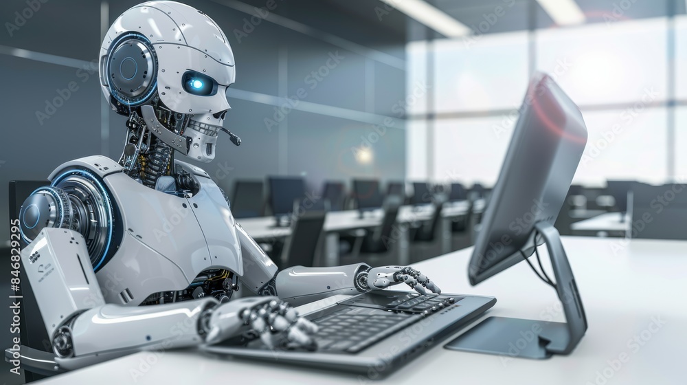 Cheerful customer service robot using computer in blurred office setting with space for text Cheerful customer service robot using computer in blurred office setting with space for text