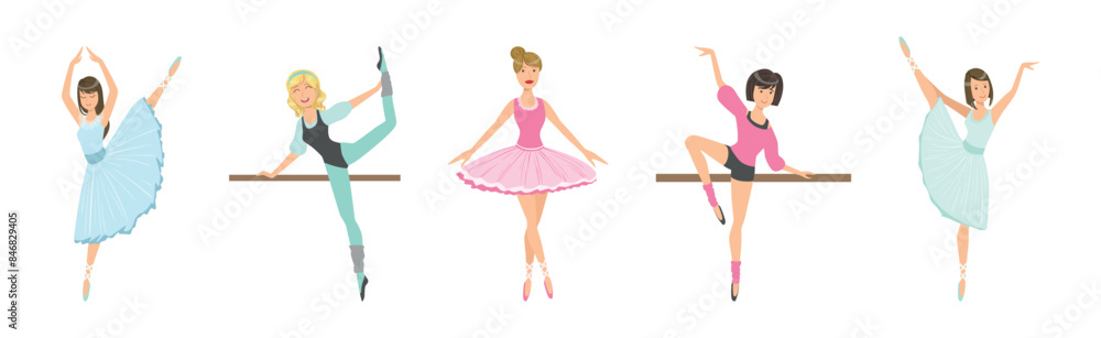 Naklejka premium Beautiful Woman Ballerina Character with Slim Body in Pointe Shoes Do Pirouette Vector Set
