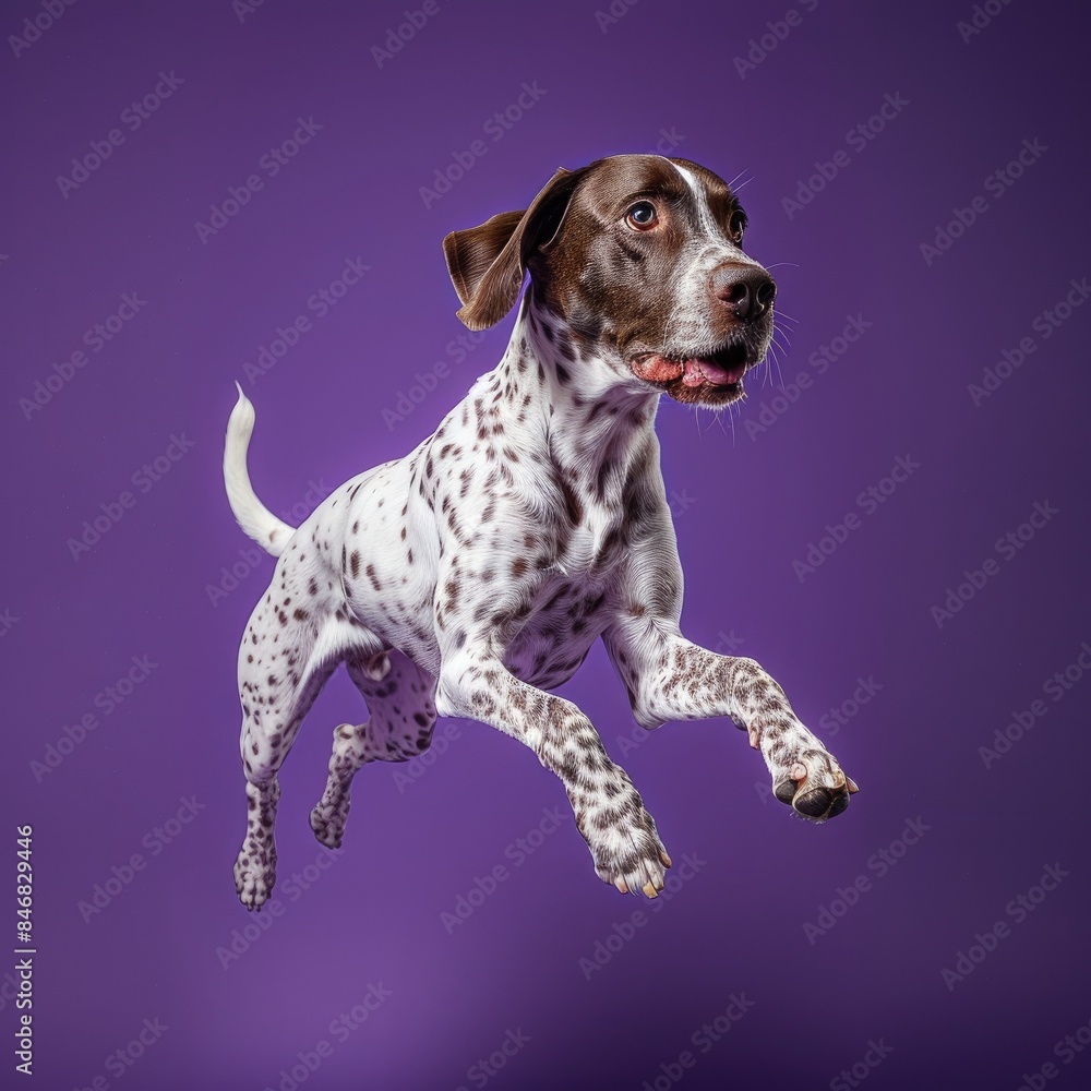 Dynamic action shot of a leaping dog with a spotted coat against a vibrant purple background, showcasing energy and playful movement.