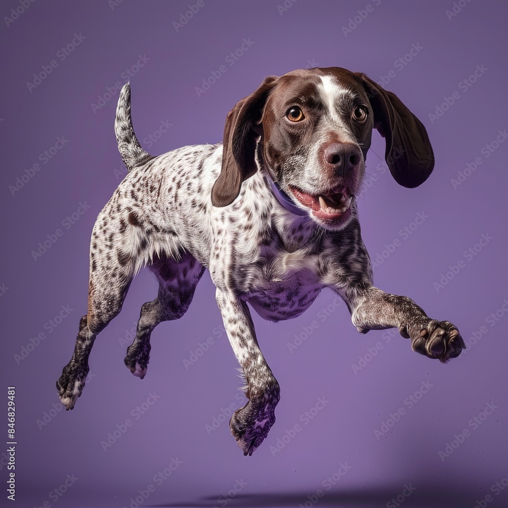 Energetic spotted dog mid-jump with a purple background, showcasing its playful nature and joyful expression. Perfect for pet lovers. Energetic spotted dog mid-jump with a purple background, showcasing its playful nature and joyful expression. Perfect for pet lovers.