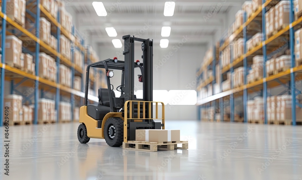 Forklift in a modern warehouse moving a pallet of boxes, representing logistics and inventory management in an industrial setting. Forklift in a modern warehouse moving a pallet of boxes, representing logistics and inventory management in an industrial setting.