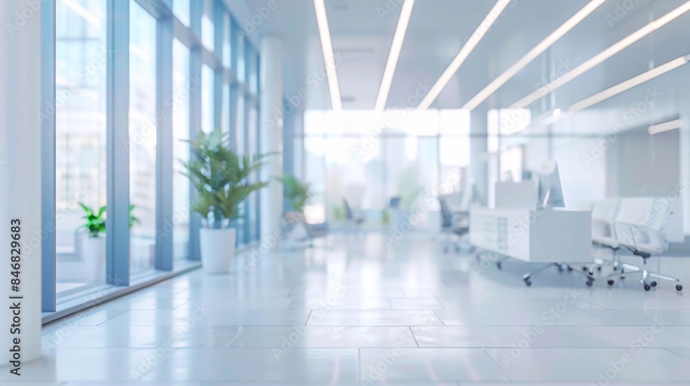 White open space office interior with a blurred background, spacious and modern White open space office interior with a blurred background, spacious and modern