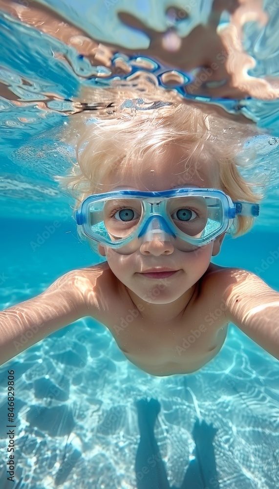 Fototapeta premium Happy caucasian boy child joyfully dives underwater for a fun swimming experience