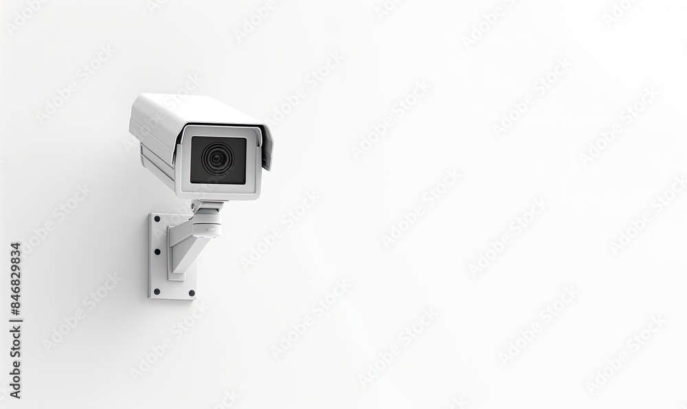 Minimalistic shot of a security camera mounted on a clean white wall, providing clear surveillance coverage. Minimalistic shot of a security camera mounted on a clean white wall, providing clear surveillance coverage.
