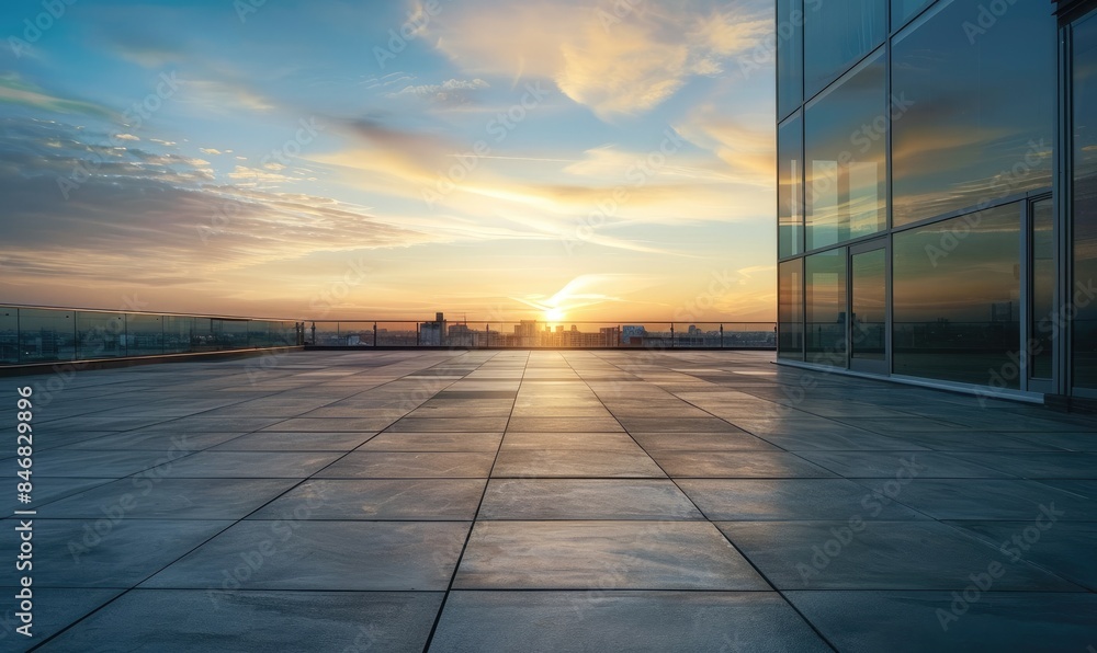Modern rooftop terrace with sunset view, reflecting sky in the glass facade of a contemporary building, ideal for urban architecture and nature concepts.