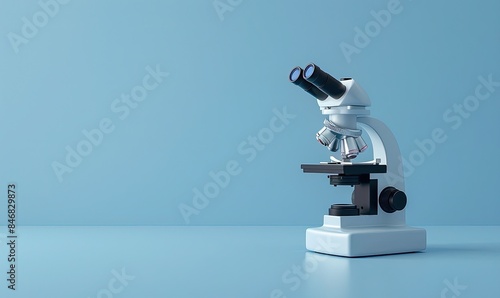 Modern microscope isolated on a blue background, ideal for medical, scientific, and educational purposes.