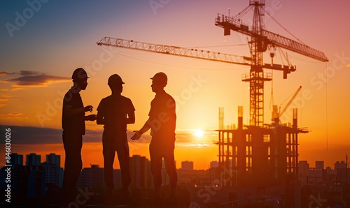 Silhouette of construction workers discussing a project at a building site during sunset with a crane in the background.