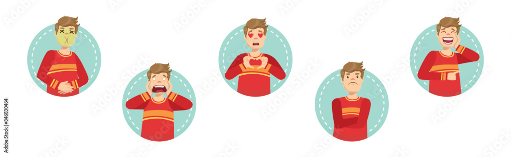 Young Man Character Face Expression and Emotion Vector Set