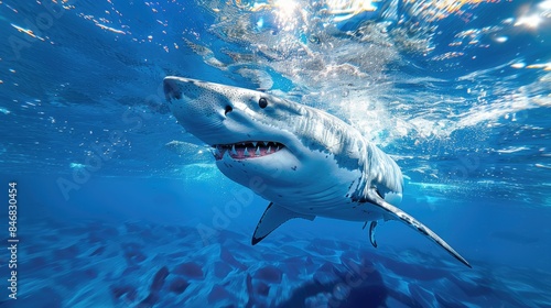 Great White Shark in blue ocean. Underwater photography. Predator hunting near water surface. 