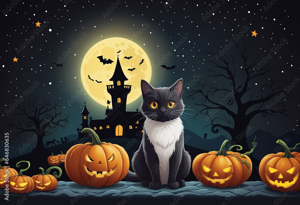 Fototapeta premium Celebrate the Spooky Season with this Halloween-themed design featuring pumpkins, cats, bats, and moons on a festive poster or card
