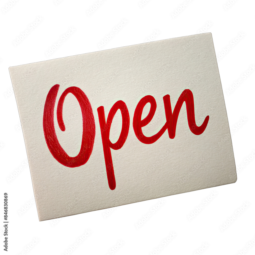 A white card with the word Open written in red cursive letters is isolated on a white background. Generative AI A white card with the word Open written in red cursive letters is isolated on a white background. Generative AI