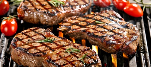 Grilling juicy beef on barbecue grill with intense fiery flames for a mouthwatering and savory meal