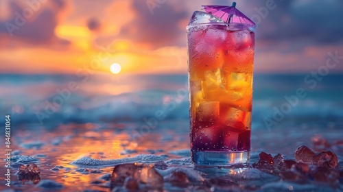 Close up of a refreshing mouth-watering colorful summer fruity cocktail drink in a glass with fresh fruit in a scenic beach water view. Relaxing chill vibe.