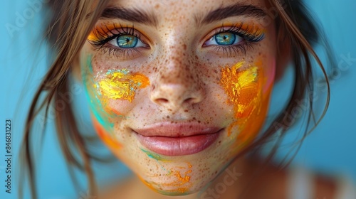 A close-up portrait of a woman with vibrant orange and yellow paint smeared on her face, highlighting her striking blue eyes and freckles © familymedia