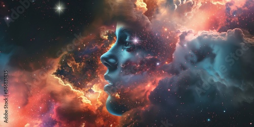 An ethereal digital art piece depicting a side profile of a face seamlessly integrated into a beautiful, vibrant space setting with stars and clouds