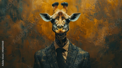 A surreal image of a giraffe's head on a human body wearing a stylish suit against an artistic backdrop photo