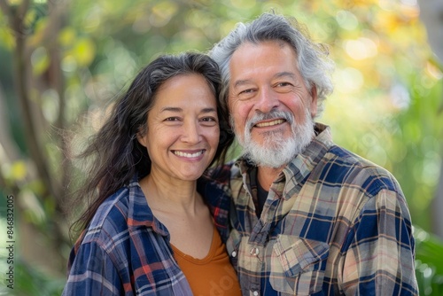Portrait of a joyful multicultural couple in their 50s dressed in a relaxed flannel shirt in bright and cheerful park background