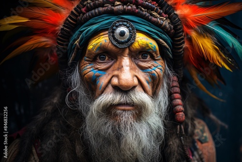 a man with a beard and colorful face paint photo